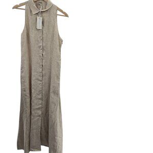 Magaschoni Creme Brown Striped Linen Cotton Pockets Maxi Dress Small